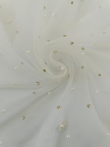 Handmade Premium Beaded Net Saree | Off White | Hand Embroidery | Ships from California